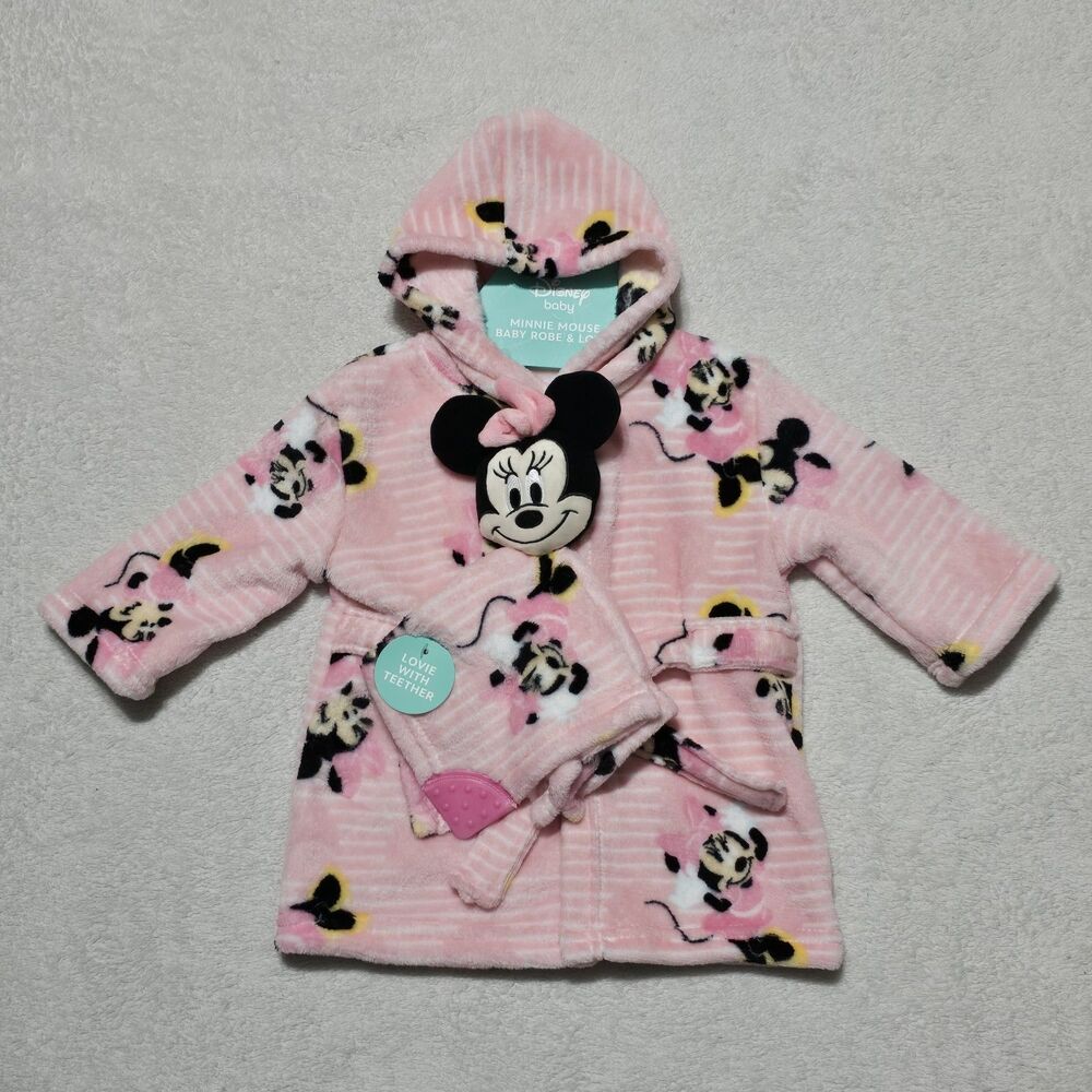NEW Disney Minnie Mouse Baby Robe & Lovie w/ Teether Ultra-soft Pink Plush Set